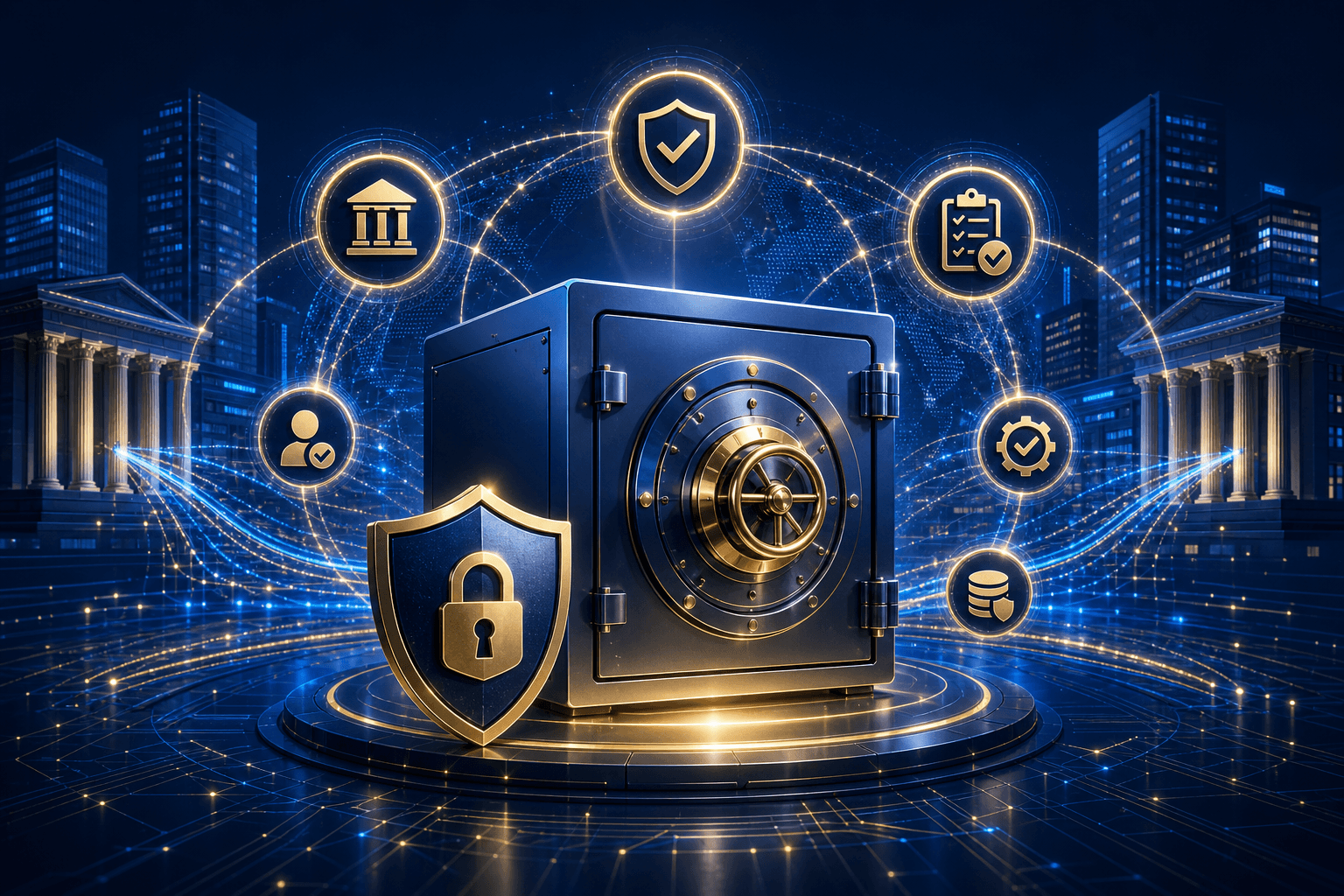 A secure digital vault in a modern fintech environment, surrounded by floating compliance certification badges and shield icons, glowing data streams connecting to financial institution silhouettes in the background, dark blue and gold color palette, clean professional illustration style, no text or letters