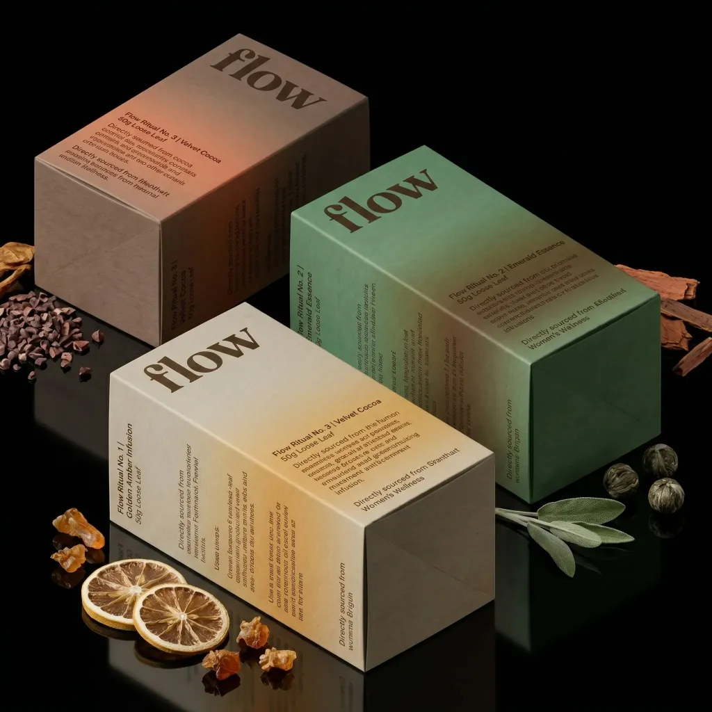 Flow branding expert's artful design: 3 elegant product boxes & ingredients.