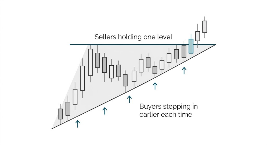 Ascending triangle pattern showing buyers stepping in earlier each time while sellers are holding one level.