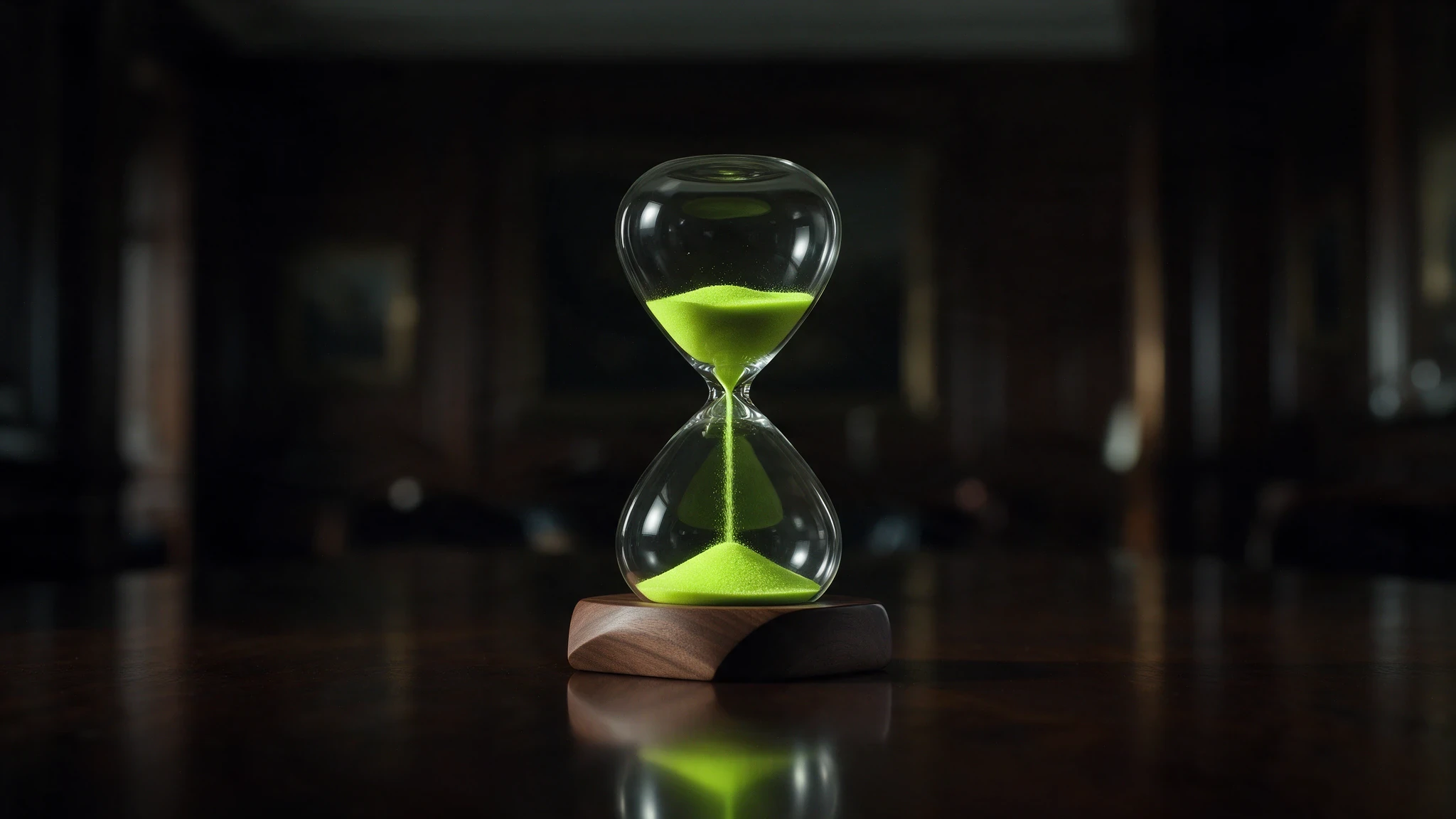 Dark hourglass with glowing green sand running through it