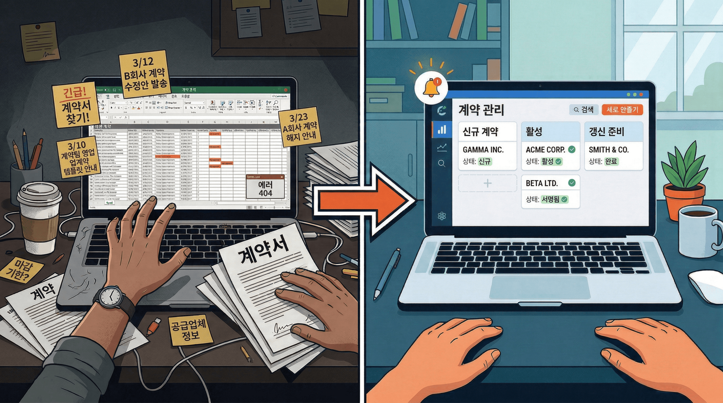 엑셀로 계약을 관리하는 혼란스러운 화면(좌)과 프릭스 대시보드로 정리된 화면(우) 비교 일러스트레이션