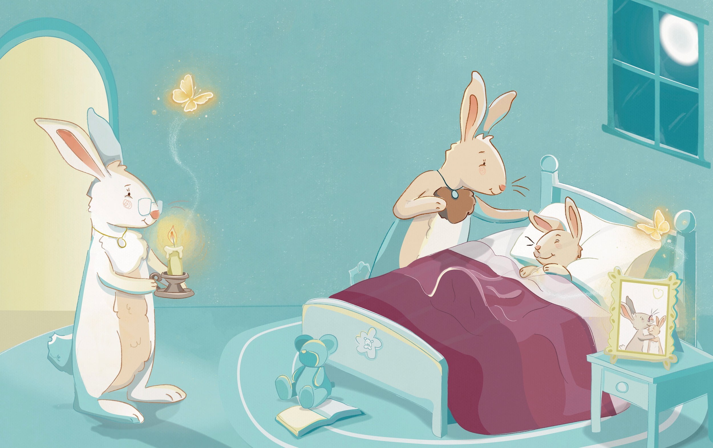 Two rabbit parents saying goodnight to their child in a cozy bedroom, and a framed portrait in the background.