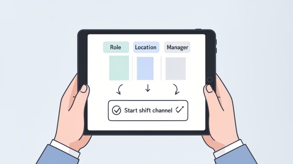 Two hands holding a tablet displaying a workflow for starting a shift channel, with role, location, and manager options.