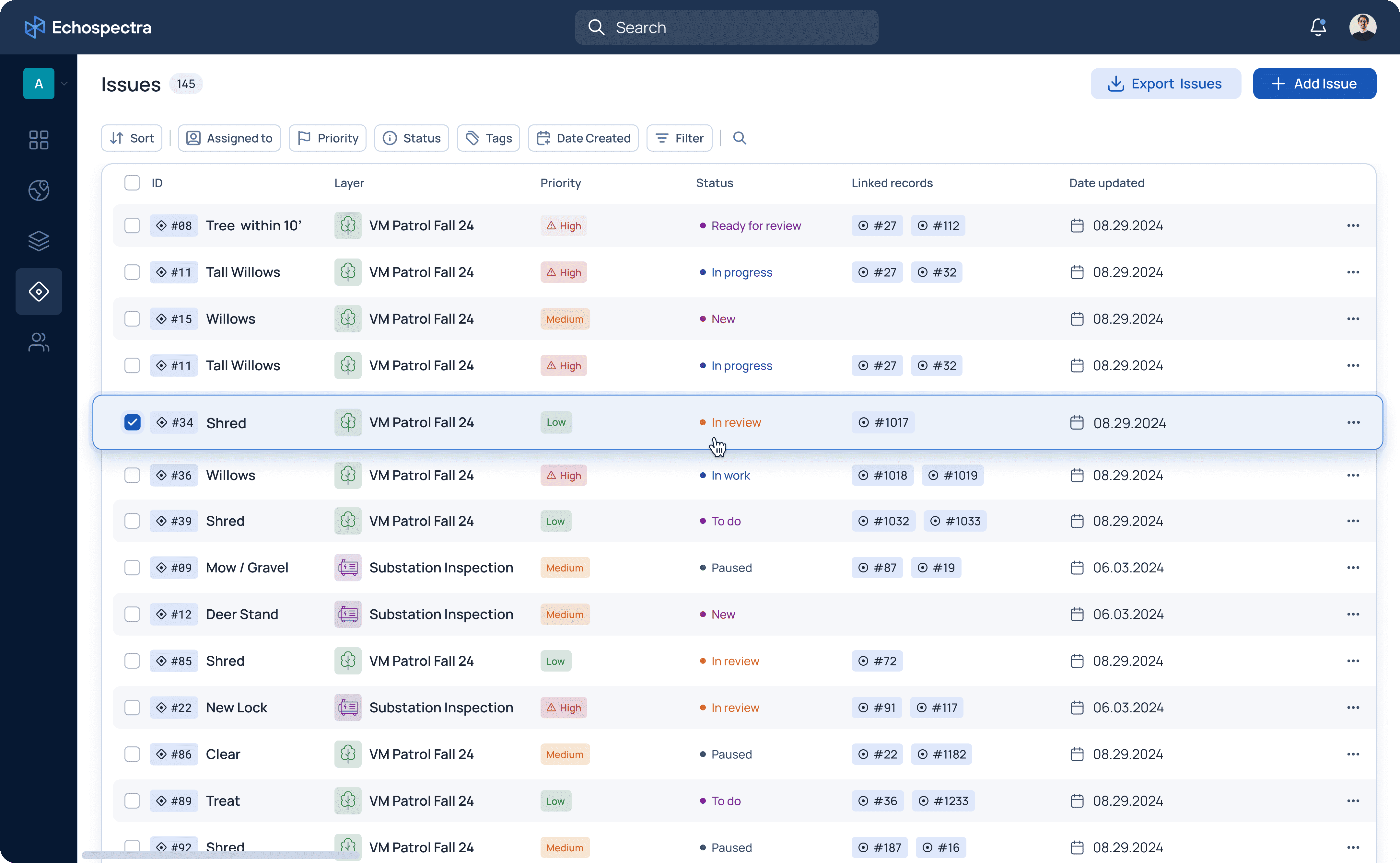 Issues table in the Echospectra web app, displaying a list of issues with various filters, priorities, and statuses.