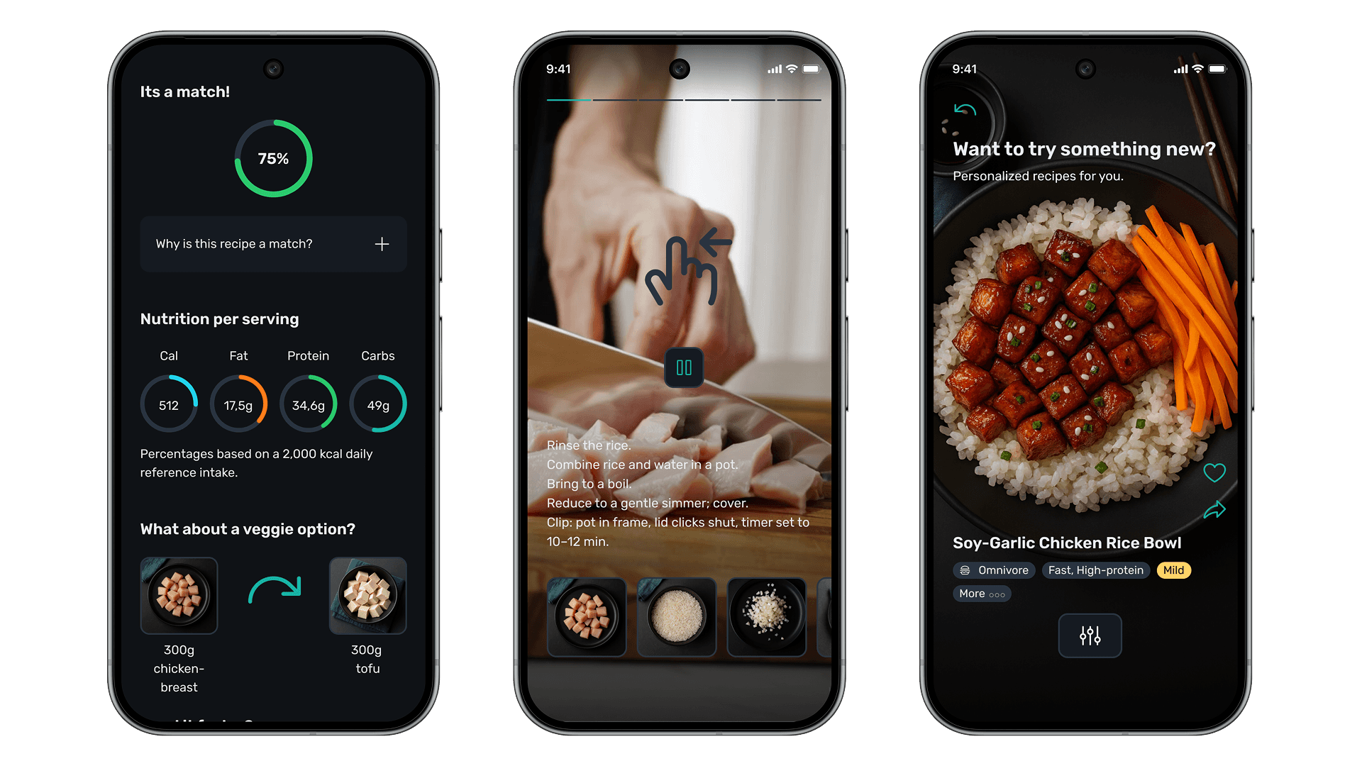 Three Y.AI recipe app screens.