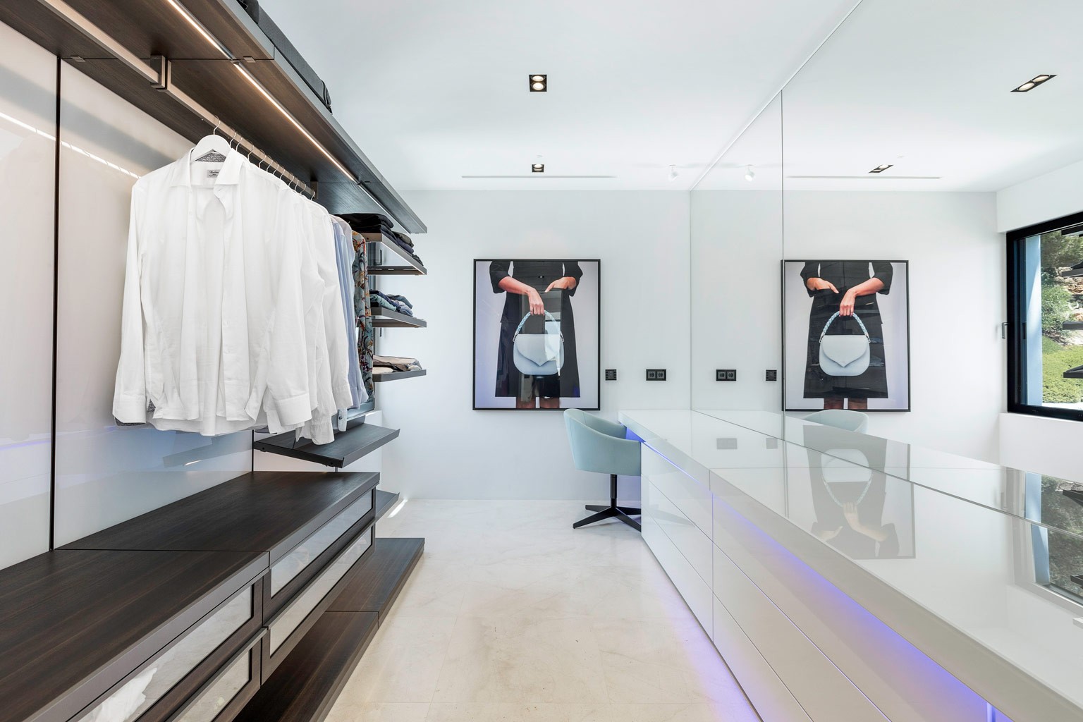 Hollywood-style wardrobe in master suite, exclusive luxury villa Ibiza VIP estate property.