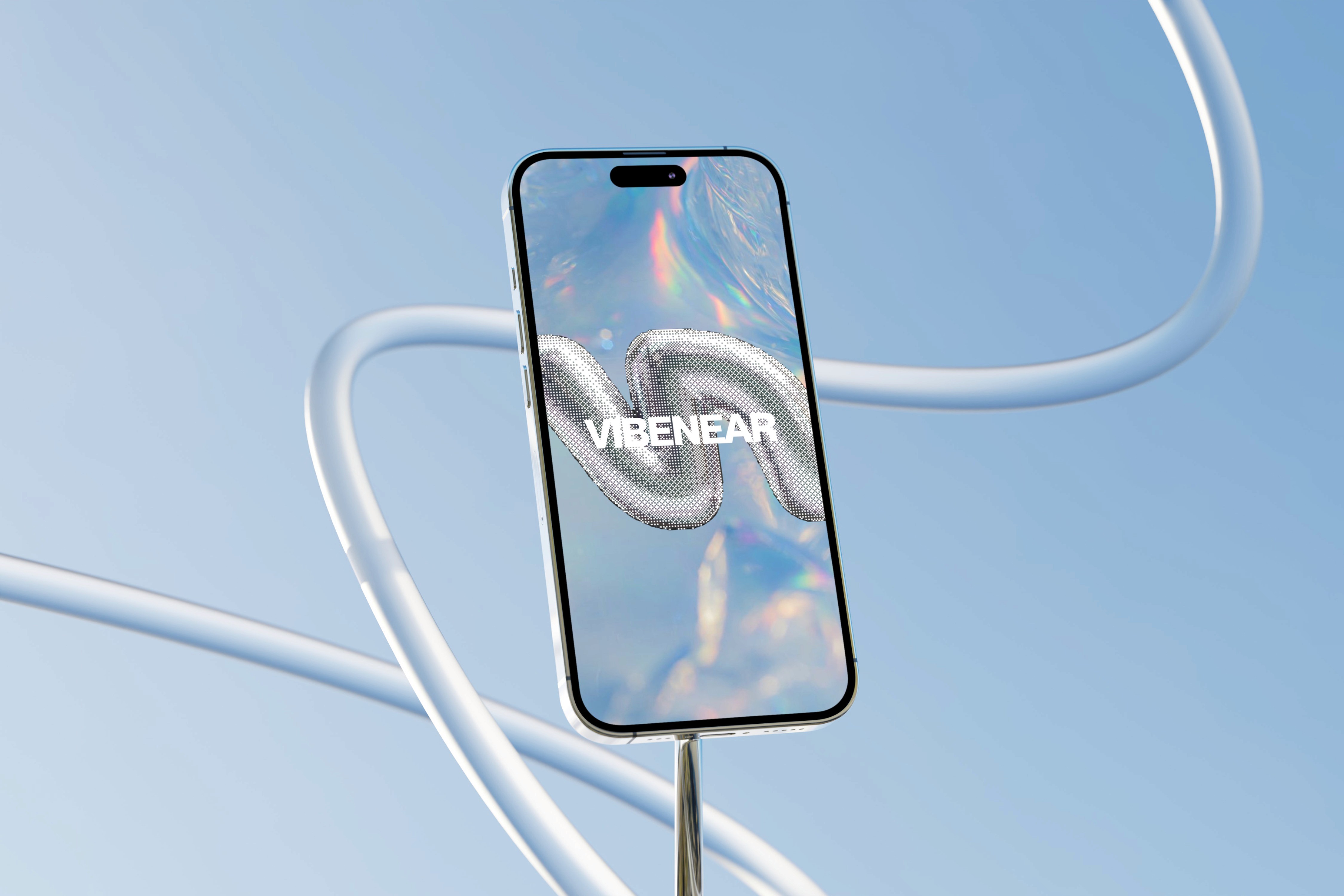 A hand holds a smartphone displaying the "VibeNear Spaces" logo against a background of a blue, poster-like design featuring colorful icons and the phrase "Live Local Discovery, like never before," evoking themes of connectivity and innovation.