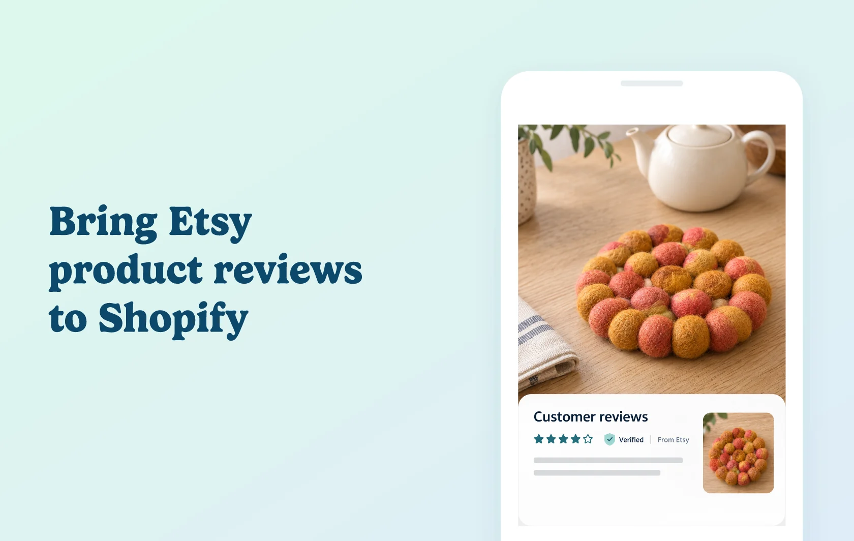 Judge.me and Etsy integration: illustration of a felted-wool trivet product page showing verified feedback sourced from Etsy.
