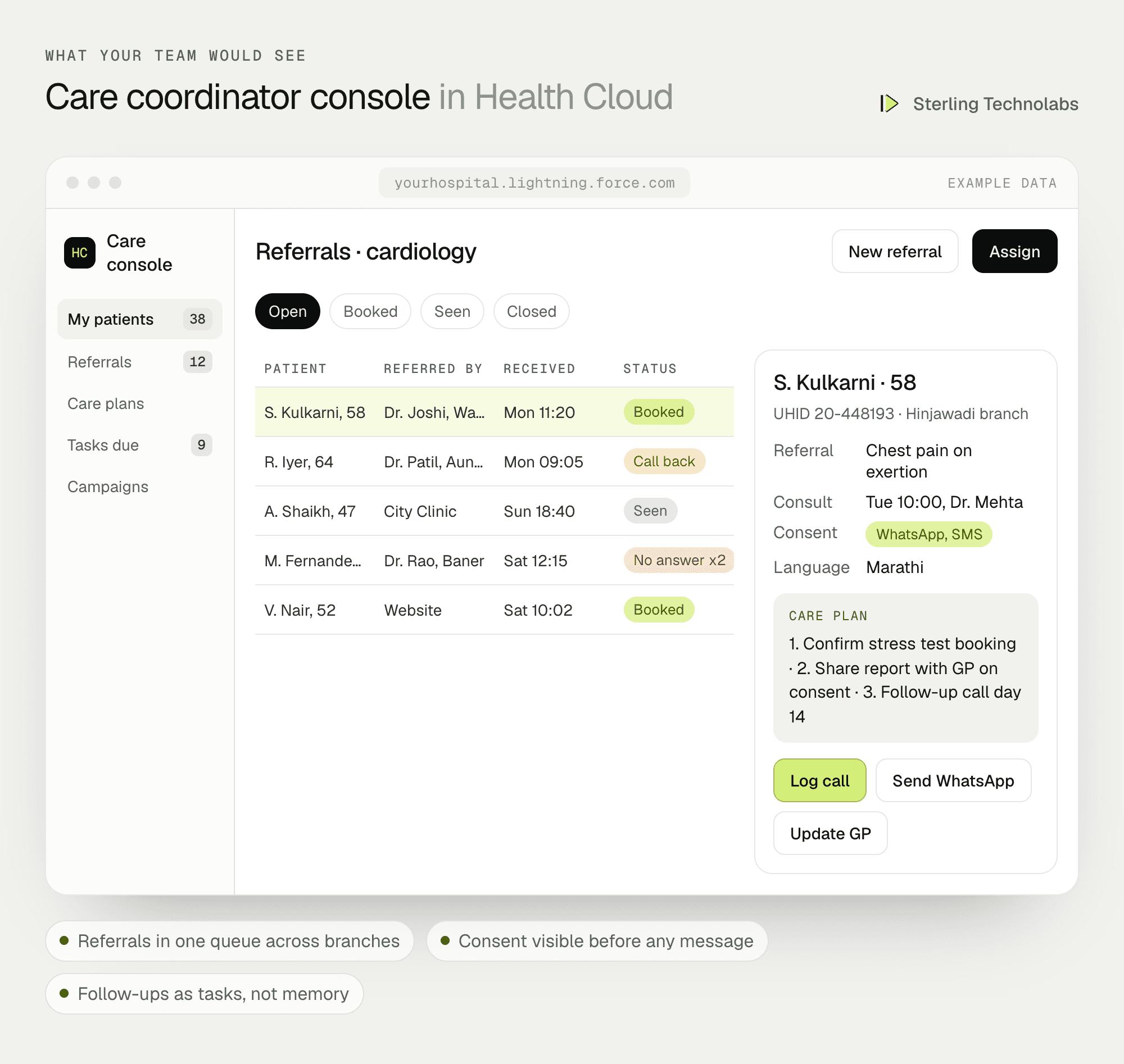 Example care coordinator console in Health Cloud showing cardiology referrals, the selected patient's consult, consent and care plan
