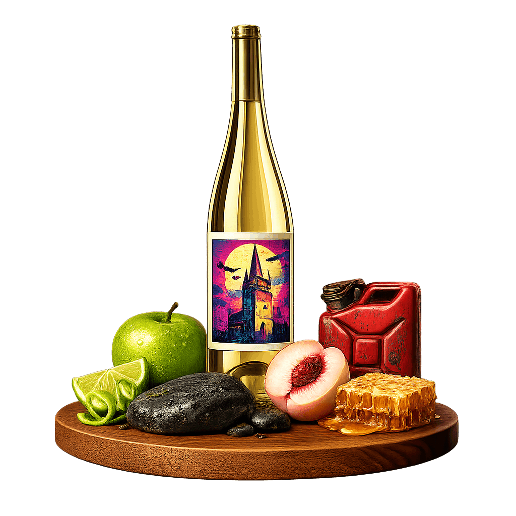 Artistic label and flavor profile for Transylvanian Riesling on a rustic wooden table.