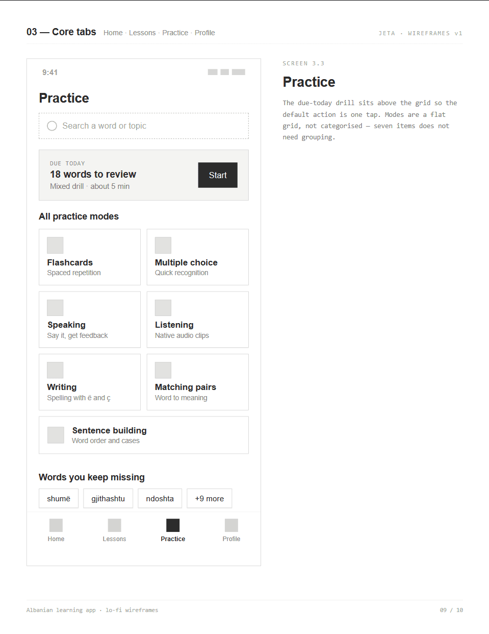 Wireframe of the practice page