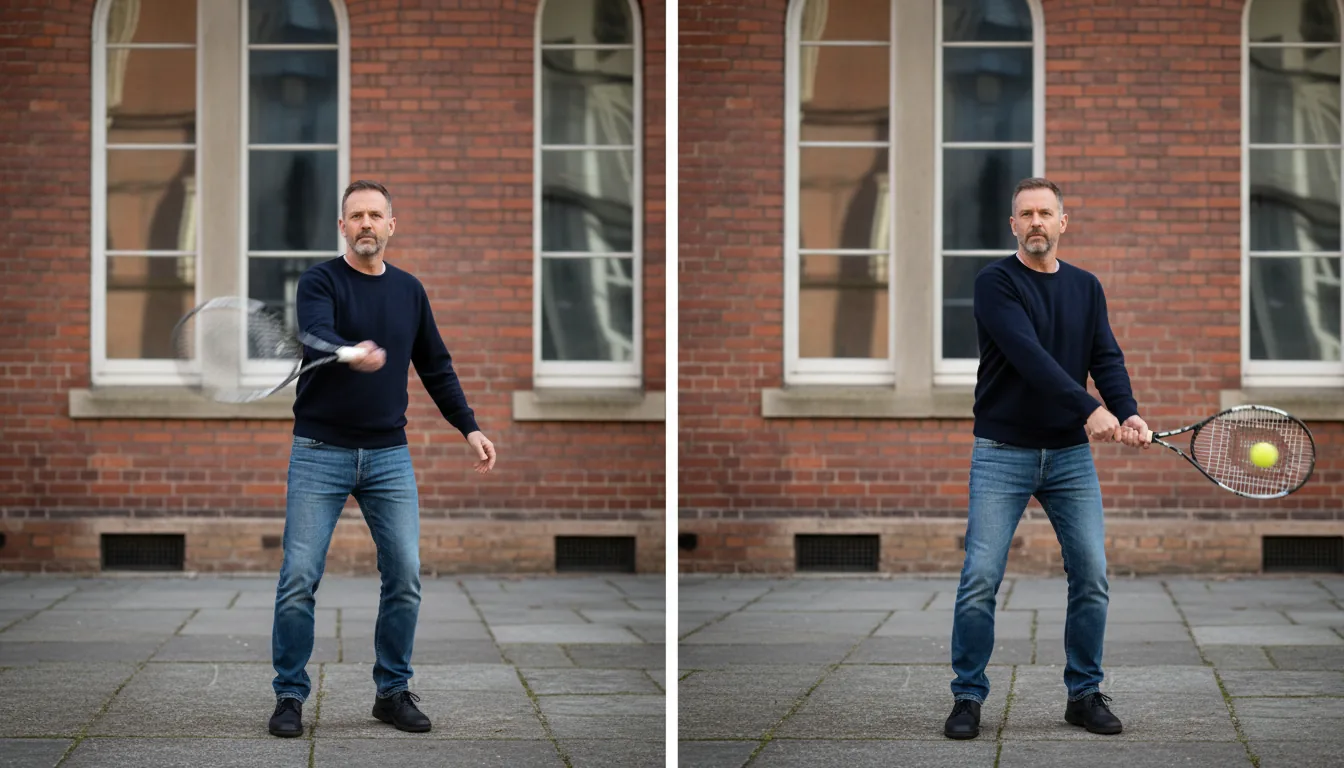 DSLR photography, diptych comparison shot. A middle-aged man in a dark sweater and jeans stands on a stone sidewalk in front of a red brick building with large windows. He is swinging a tennis racket. Natural daylight. The left panel shows extreme motion blur on the racket, captured with a slow shutter speed, creating a wide transparent arc. The right panel shows minimal motion blur on the racket, captured with a fast shutter speed, freezing the action mid-swing.
