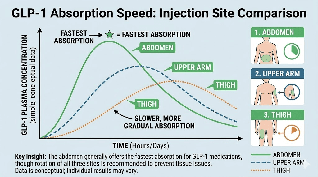 GLP-1 absorption speed comparison chart for abdomen thigh and upper arm