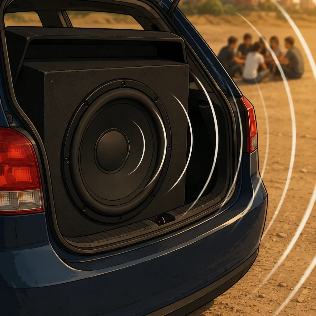 El maletero abierto de un coche azul, con un altavoz grande dentro. Del altavoz salen ondas de sonido hacia un corro de chavales sentados al fondo.