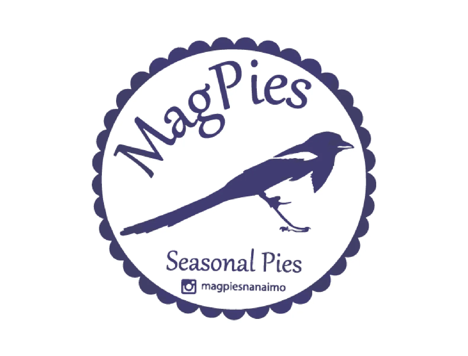 The MagPies logo before it was redesigned chowcasing a MagPies bird, "Seasonal Pies" and instagram handle on a doily shaped container.