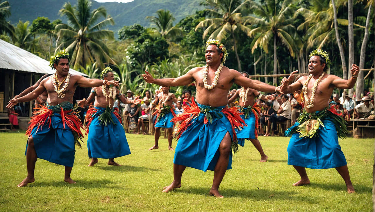 A group of Fijian men are performing a traditional dance with plam trees in the background on a grass field