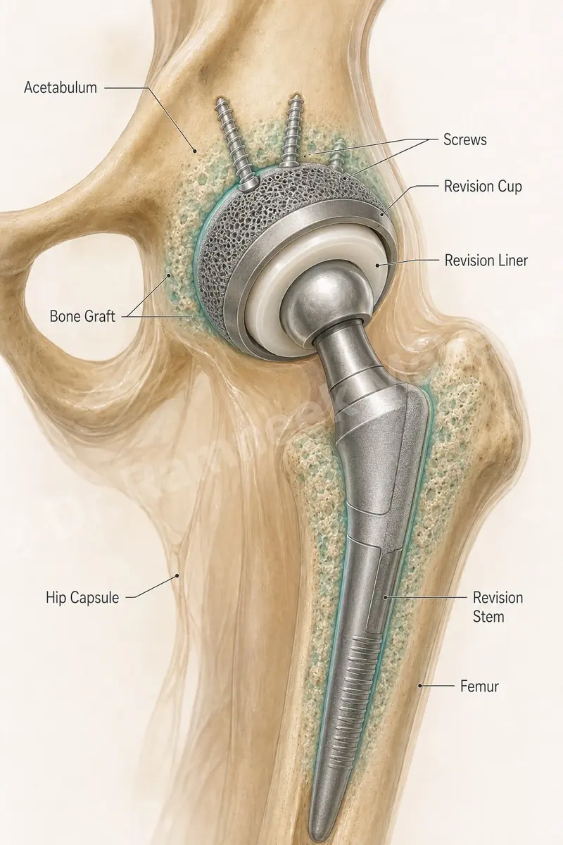 Revision hip replacement with screw-fixated cup, long stem and bone graft restoring stability after implant failure.