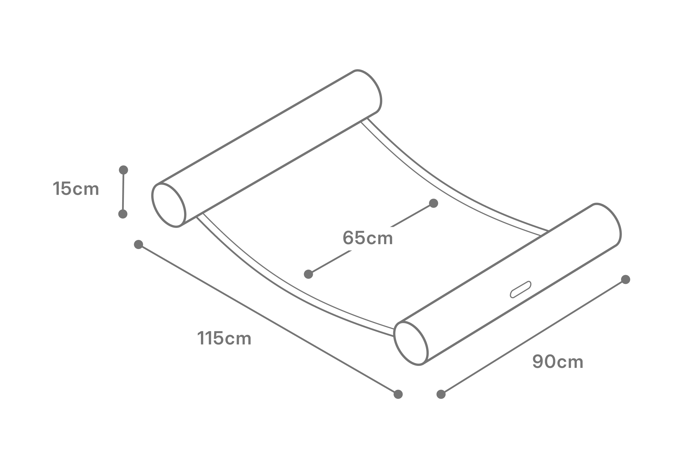 Diagram showing inflated dimensions of Oliver James luxury pool float — 115cm length, 90cm width, and 15cm height for generous adult lounging.