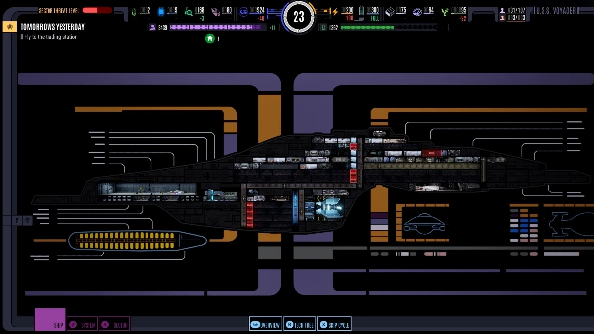 A futuristic spaceship dashboard displays a detailed schematic of a large spacecraft with various compartments and systems highlighted against a dark, technological interface background, featuring colourful data graphics and navigational controls.
