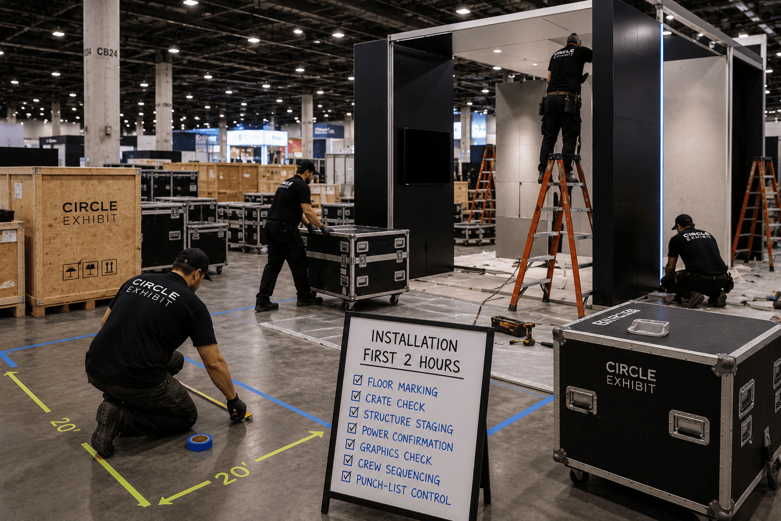 Early Las Vegas booth installation scene with floor marking, crate checks, structure staging, crew sequencing, power confirmation, graphics check, and punch-list control