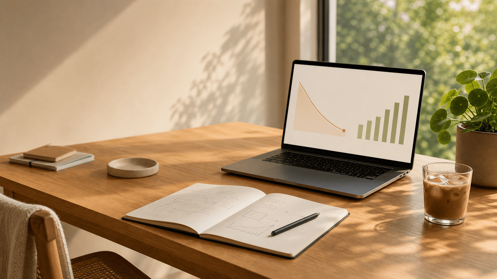 Summer workspace with laptop, campaign plan and abstract advertising charts
