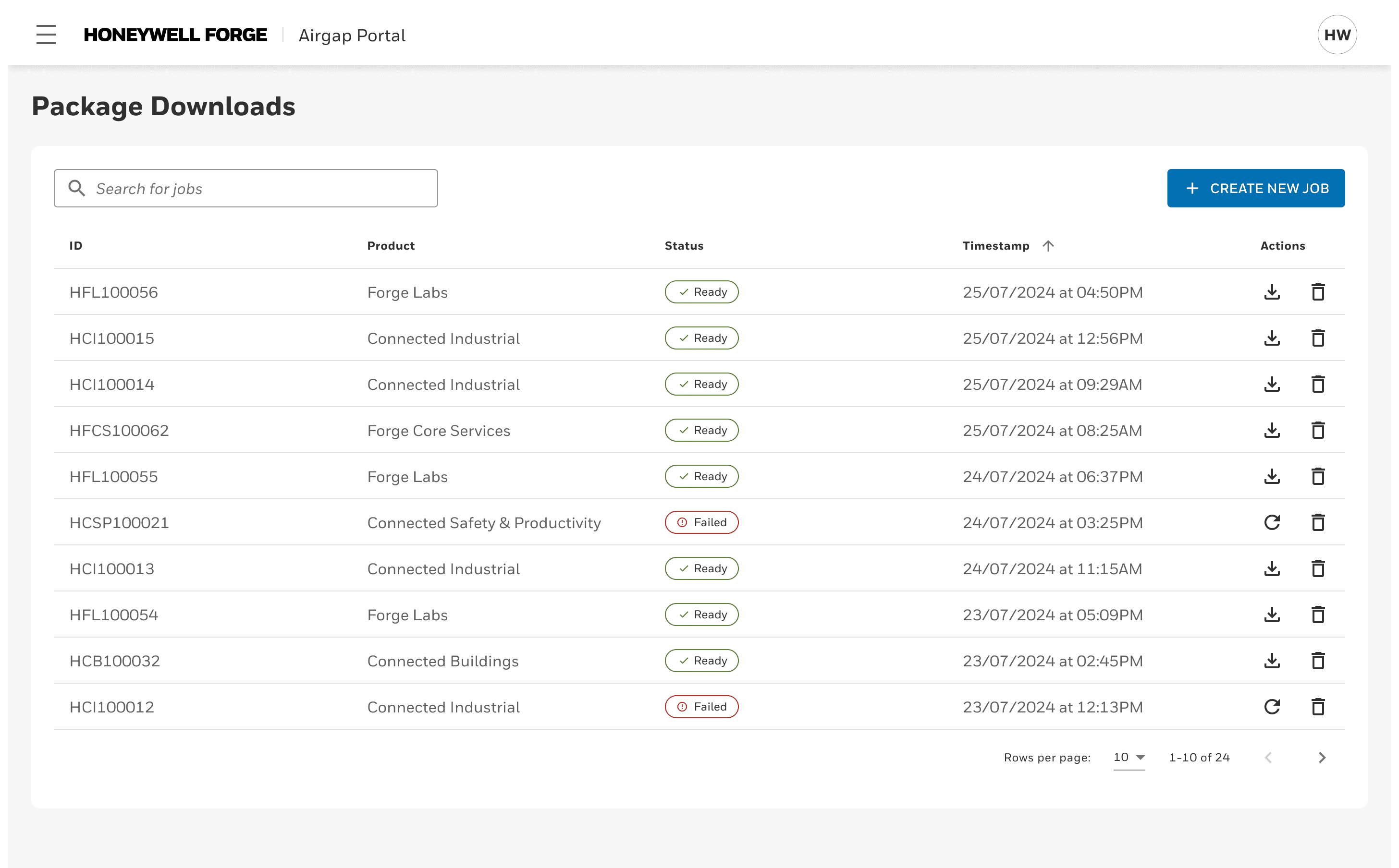 Package download page in the Airgap Portal