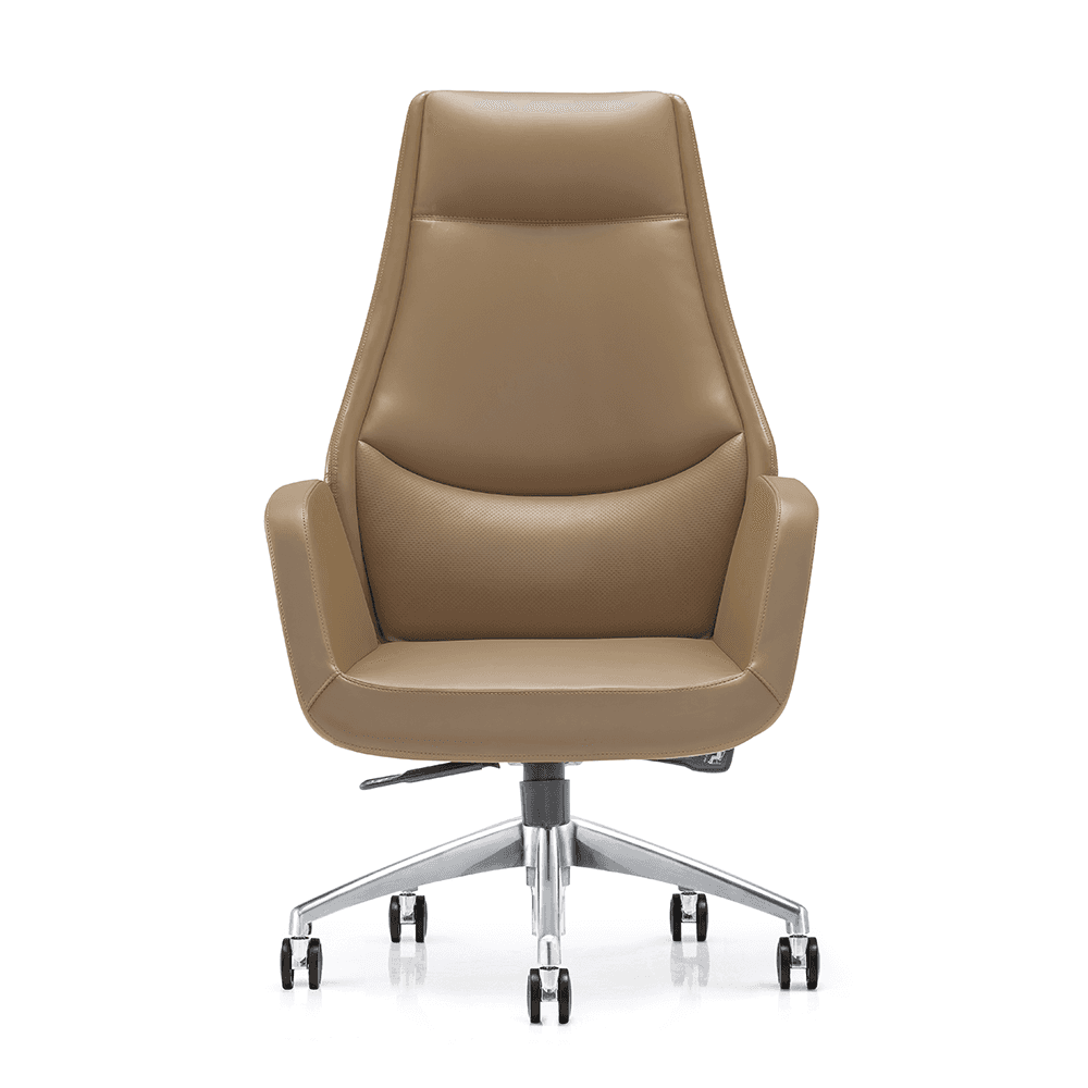 Front view of a P911A high-back executive office chair in tan leather, featuring a perforated lumbar support panel, integrated armrests, and a polished aluminum 5-star swivel base.