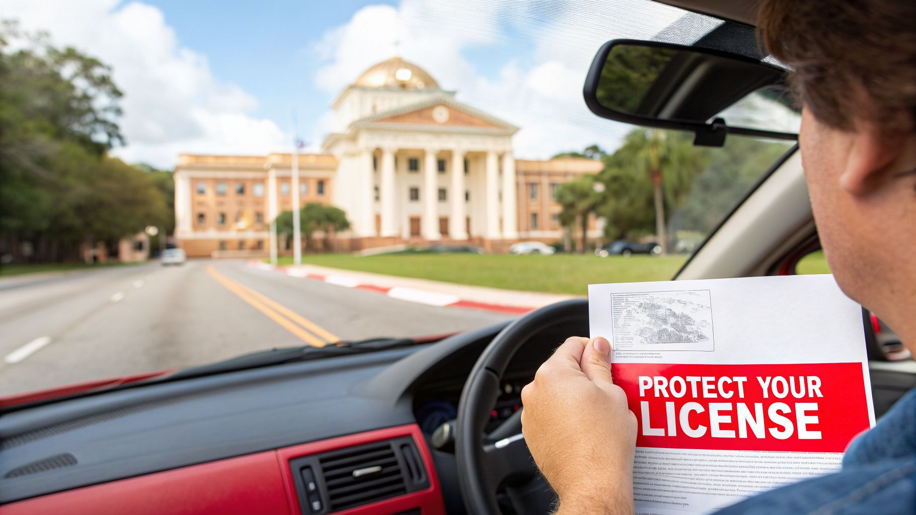 A driver holds a document about protecting a license, with a courthouse in the background.