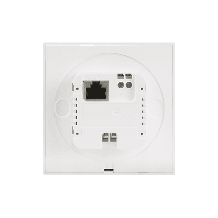 White wall plate with Ethernet port and terminals.