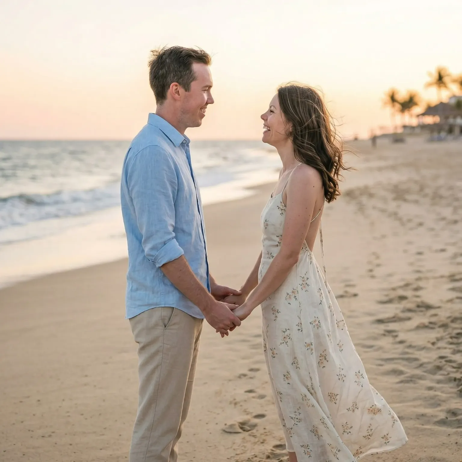 Couple holding hands and looking at each other on a beach at sunset.