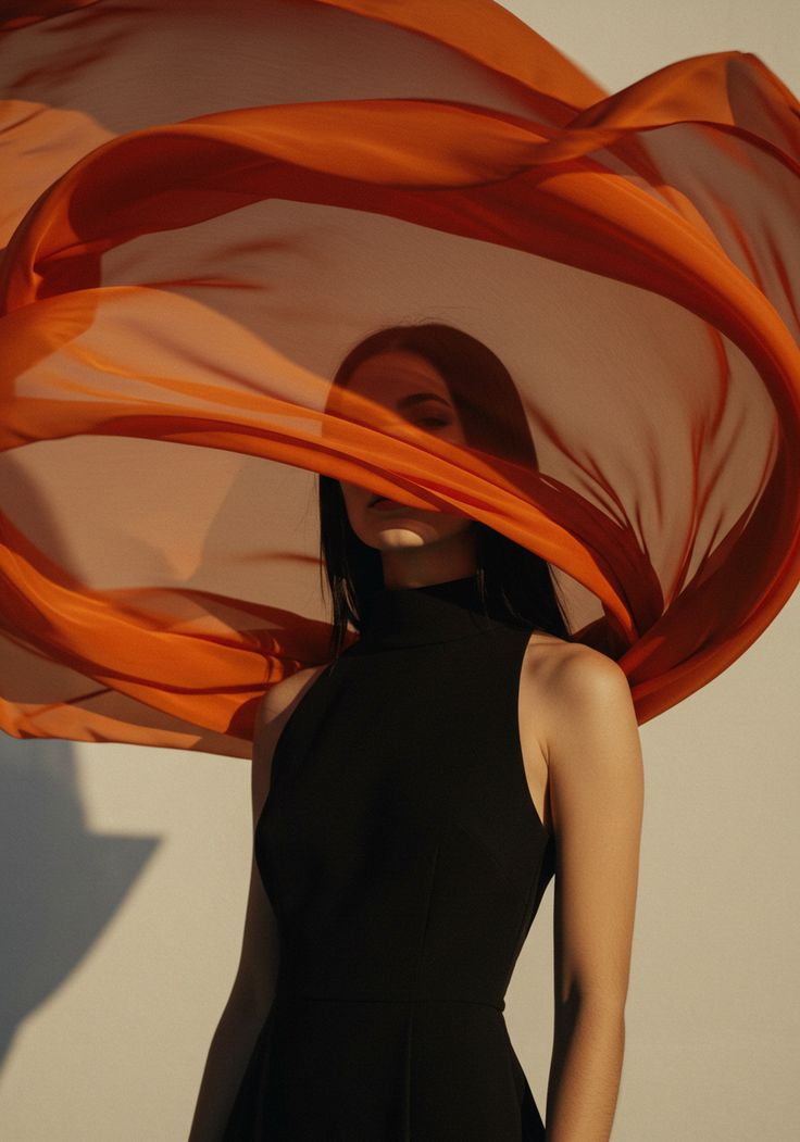 woman with flowing fabric modern fashion editorial photography