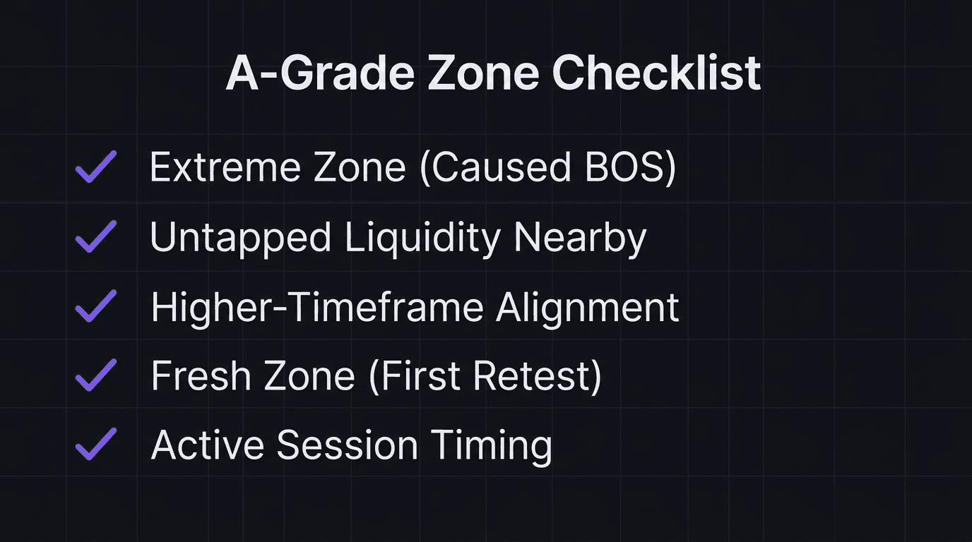 Checklist showing five confluence factors for A-grade supply and demand zone entries