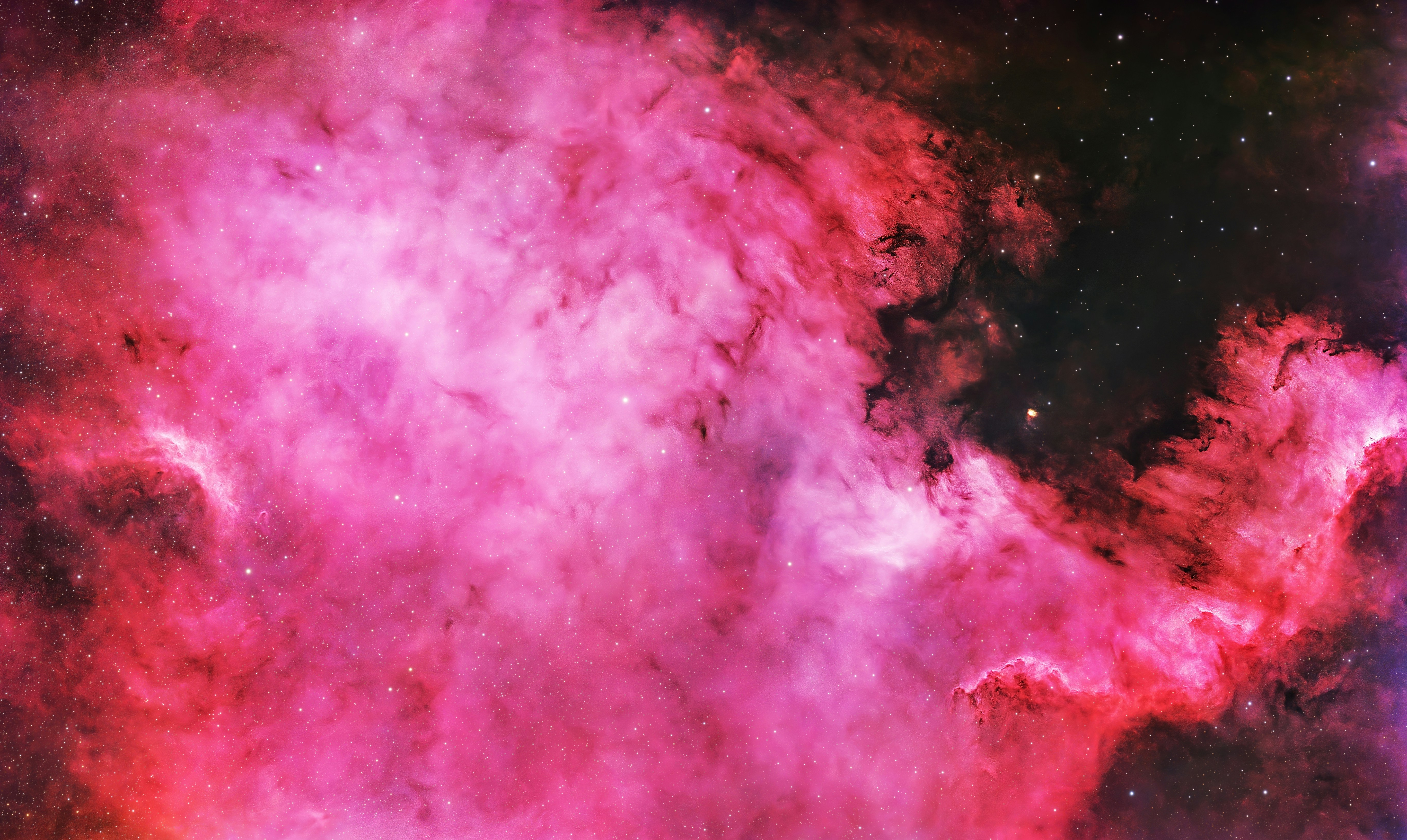A beautiful, pink nebula fills the cosmic expanse.