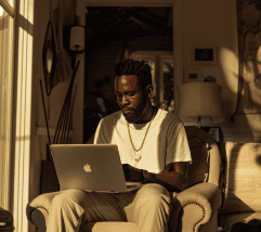 A person sitting in a chair using a laptop, bathed in warm, natural light from nearby windows.