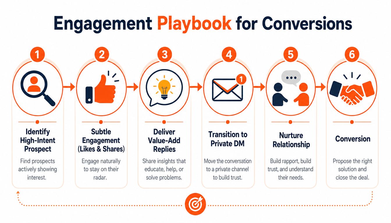 A six-step engagement playbook flowchart for driving sales conversions through social media interactions and relationship building.