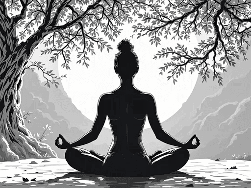 A grayscale illustration of a woman sitting in a lotus position under a tree, with mountains in the background.
