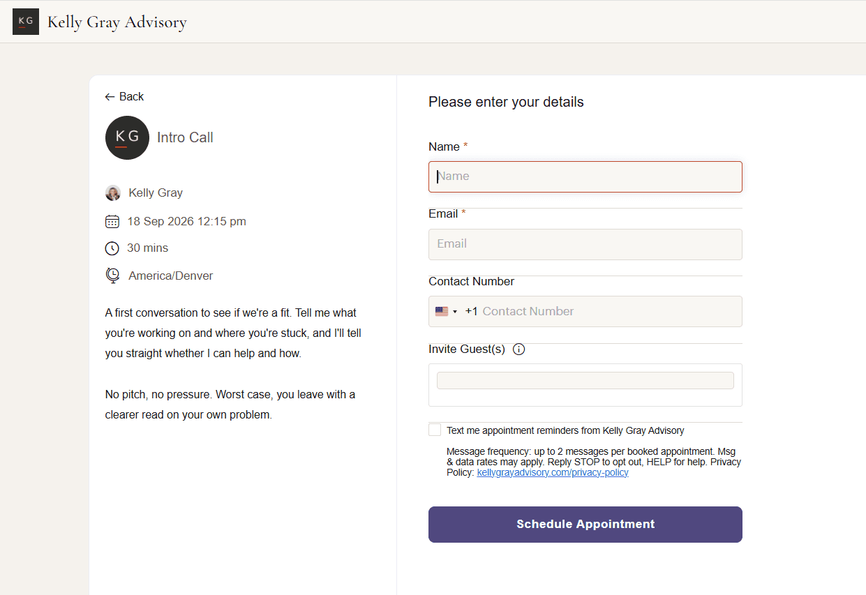 Kelly Gray Advisory booking form showing the optional, unchecked SMS consent checkbox with message frequency, HELP instructions, and a Privacy Policy hyperlink.