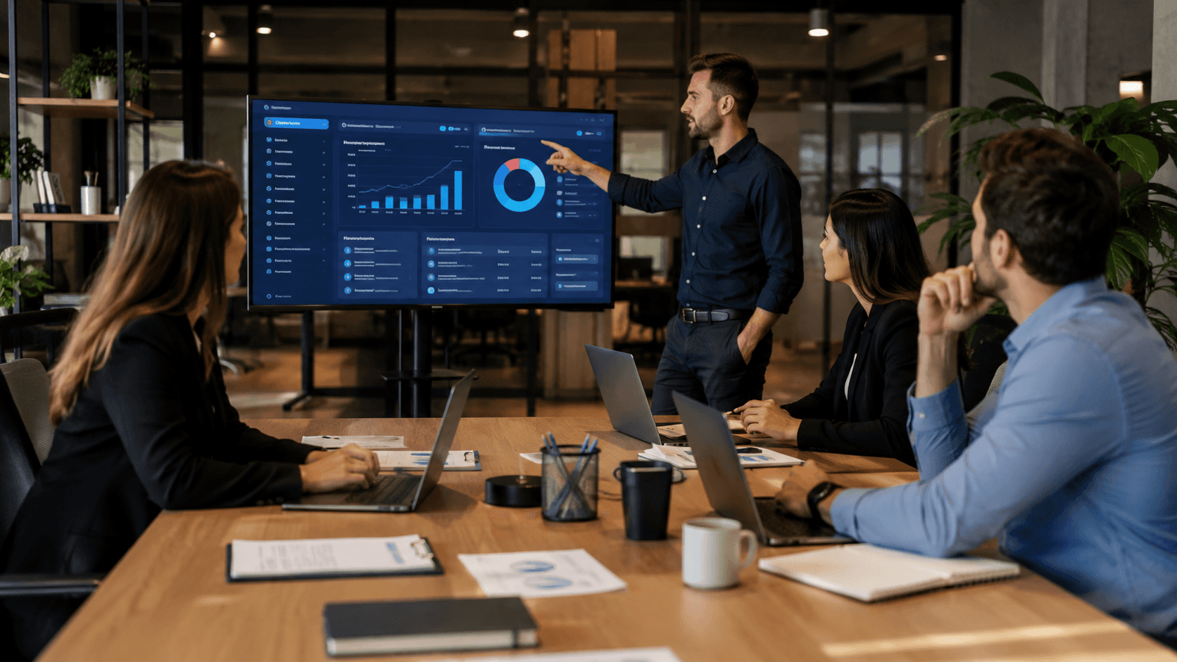Equipe em uma sala de reunião moderna analisando o planejamento de lançamento de um canal B2B. Um profissional apresenta dashboards e indicadores em uma grande tela enquanto outras pessoas acompanham com notebooks e documentos sobre a mesa. O ambiente transmite preparação estratégica, integração de sistemas e alinhamento operacional antes do lançamento.