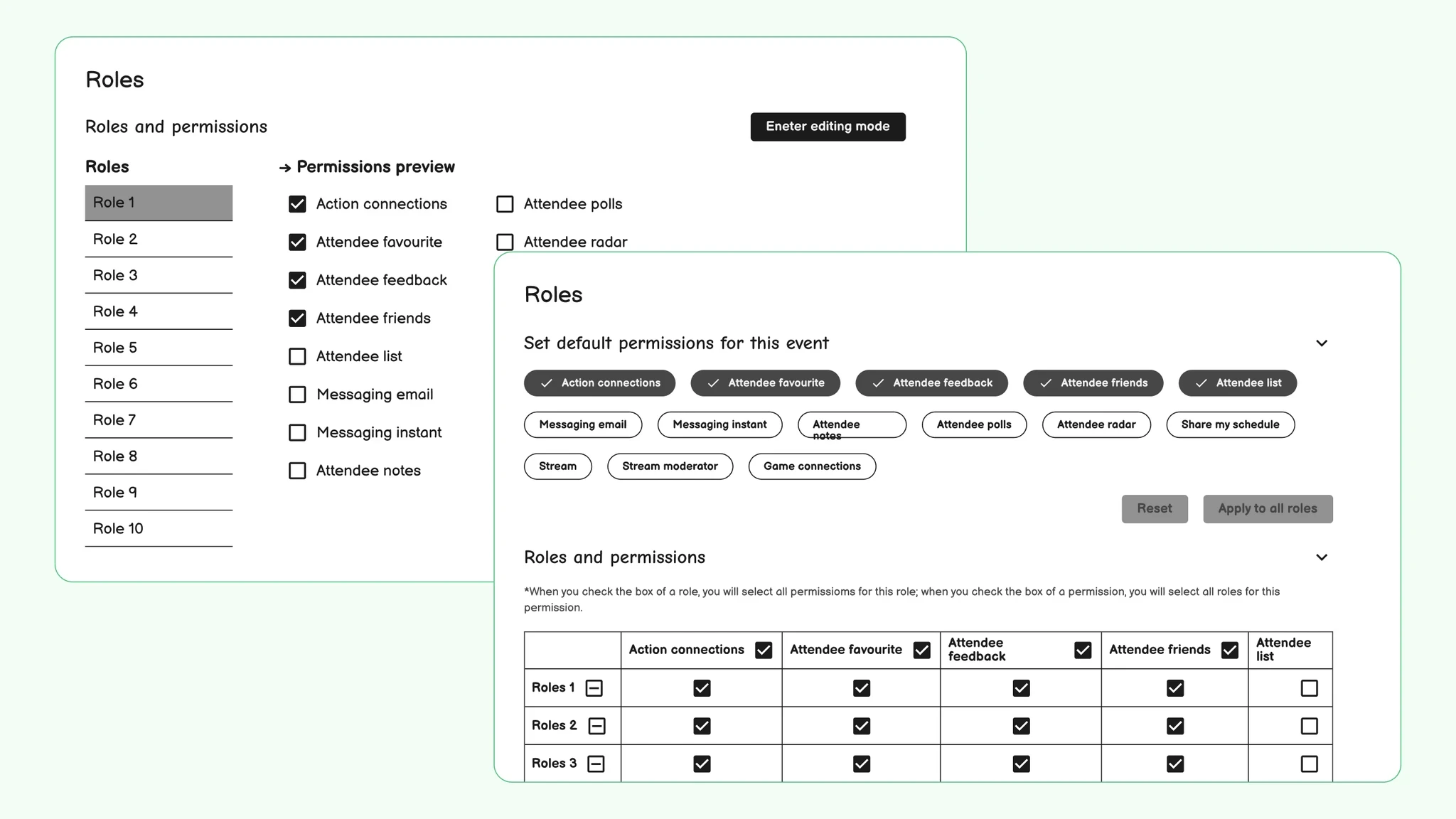 UI proposals for setting and applying default role permissions across multiple roles in a table or tag-based format.