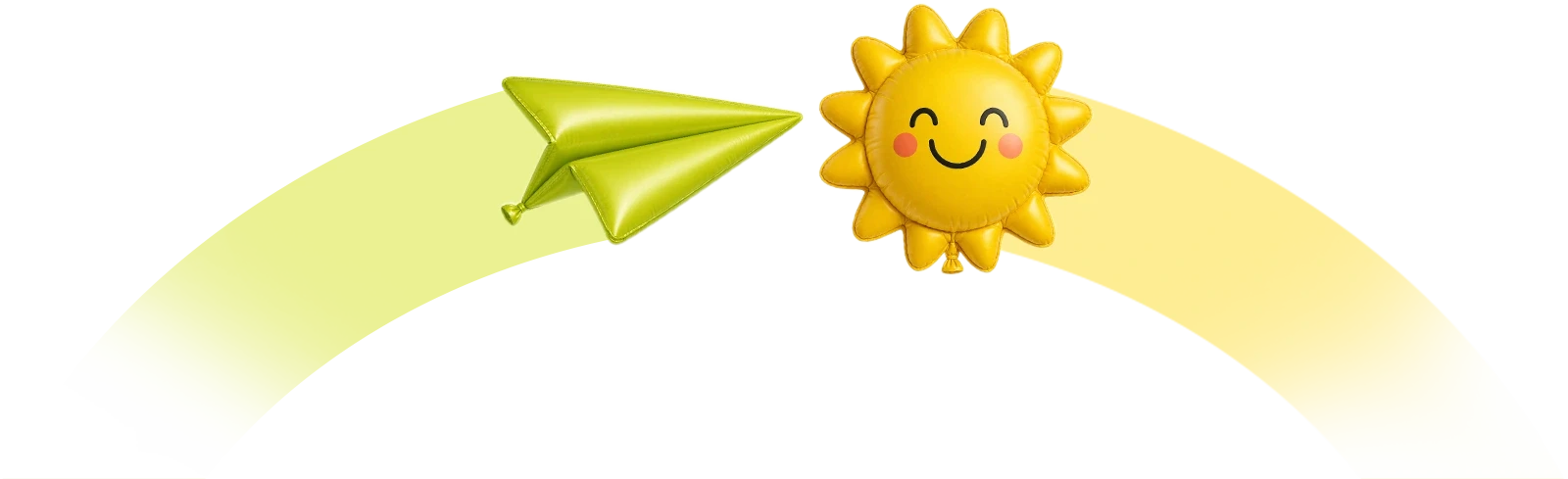 Smiling sun balloon and green paper airplane on a yellow background