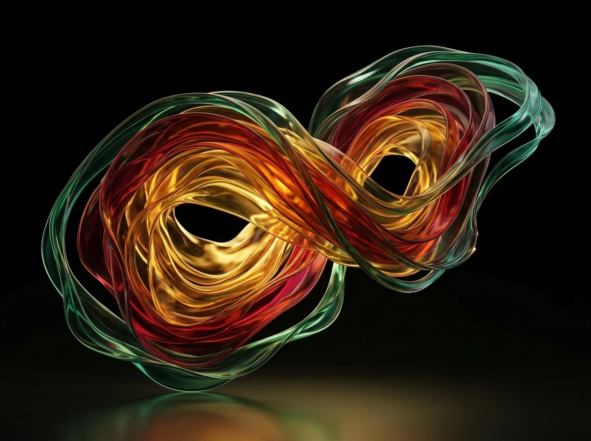 Translucent green and amber ribbons forming an abstract infinity shape