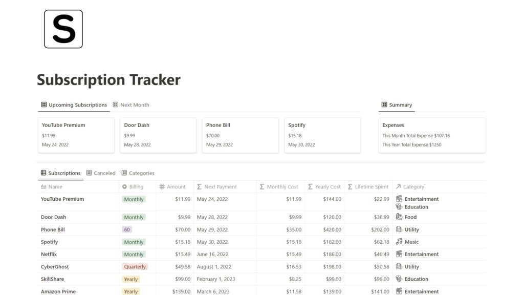 Free Notion Templates Subscription Tracker