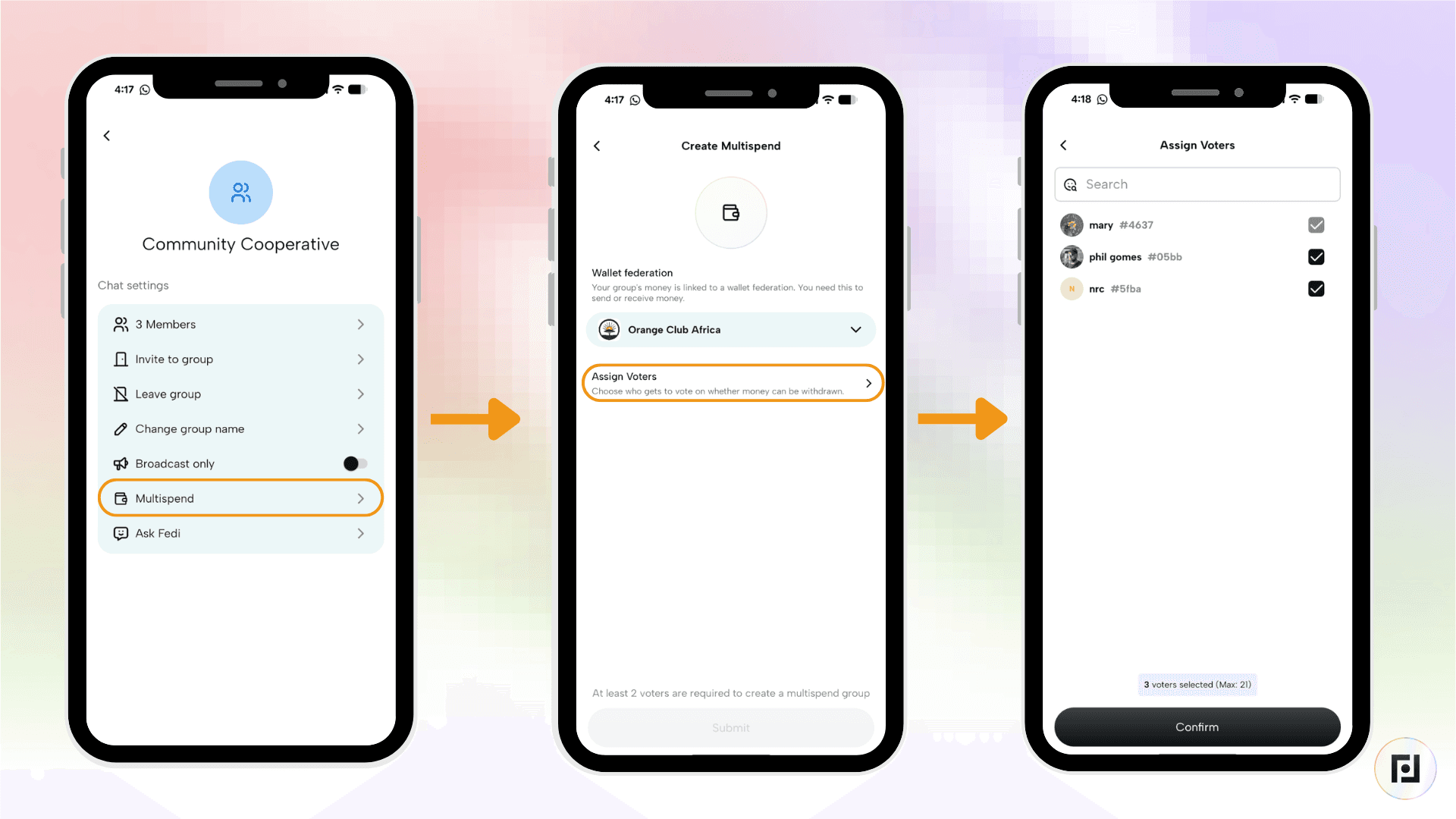 Tela "Create Multispend" do aplicativo Fedi, mostrando a seleção da federação de carteiras e o fluxo de "Assign Voters" com três membros selecionados e o botão "Confirmar"