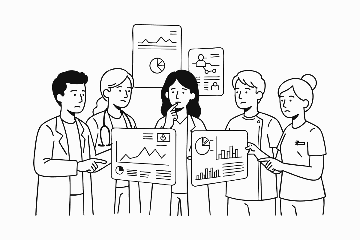 Healthcare teams reviewing separate reports, symbolizing misalignment and departmental silos in value based care delivery