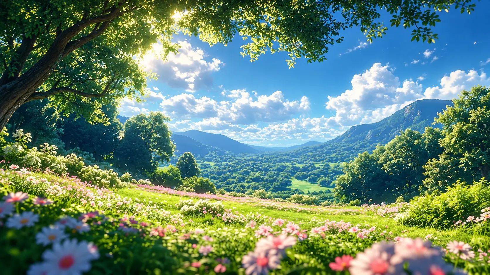 Sunlit garden with trees and flowers behind the Lumora dashboard