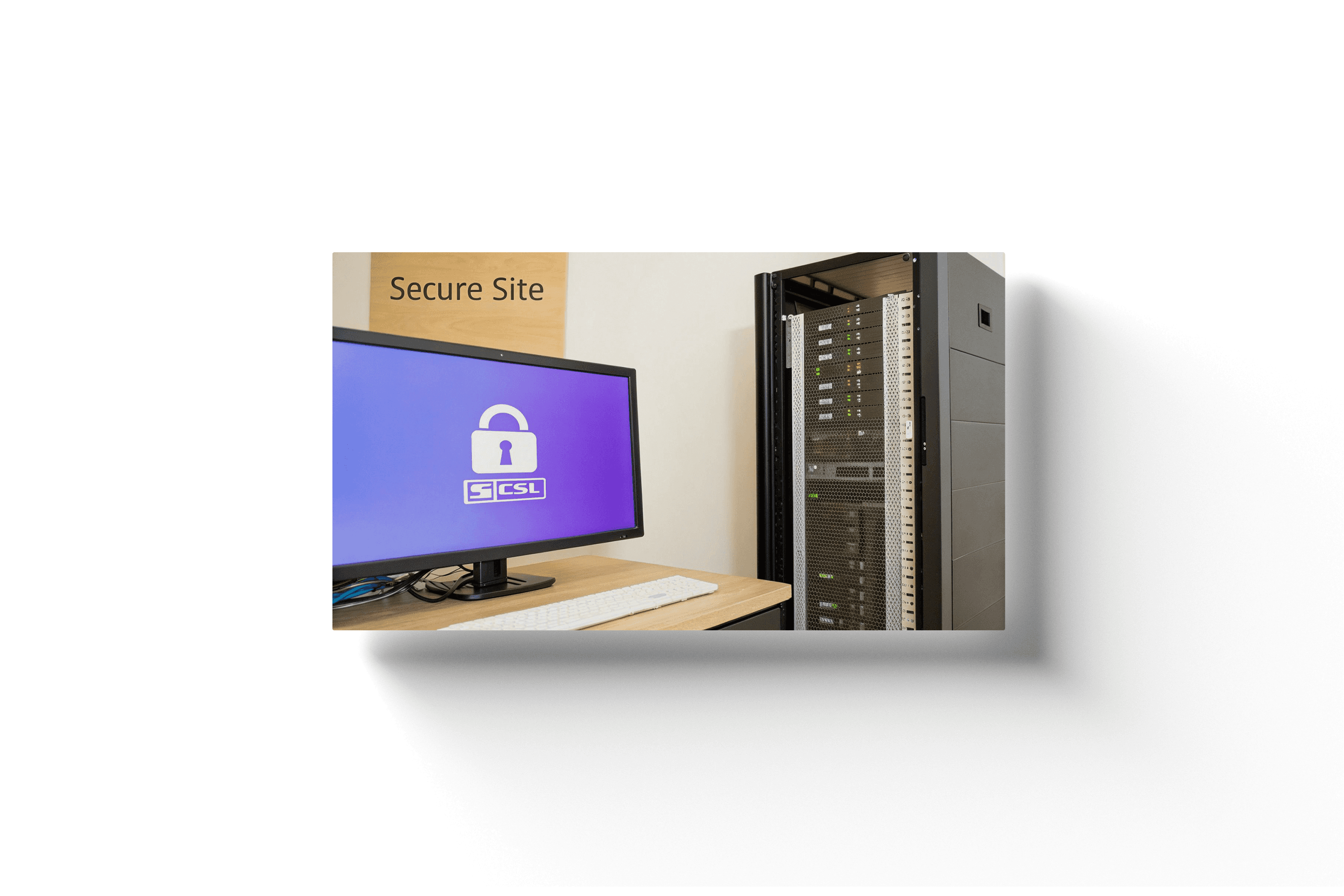 a server and desktop computer displaying a purple gradient and lock icon