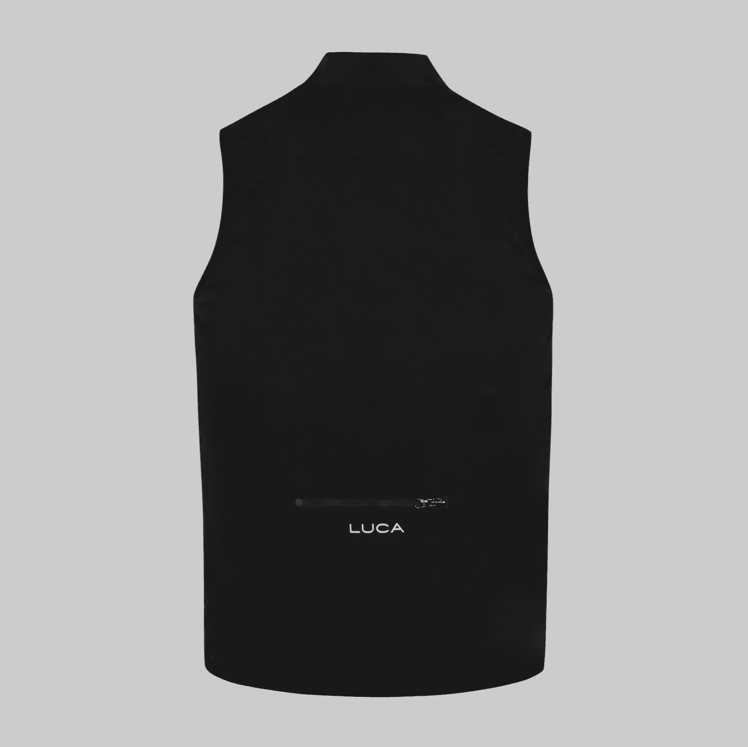 Back-view-of-a-black-cycling-gilet with-the-Luca-logo-above-a-rear- zipper-pocket