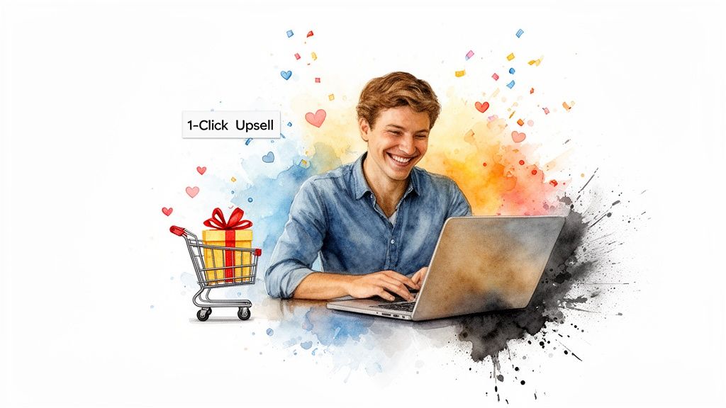 Smiling man working on a laptop, with a shopping cart, gift, and '1-Click Upsell' text.