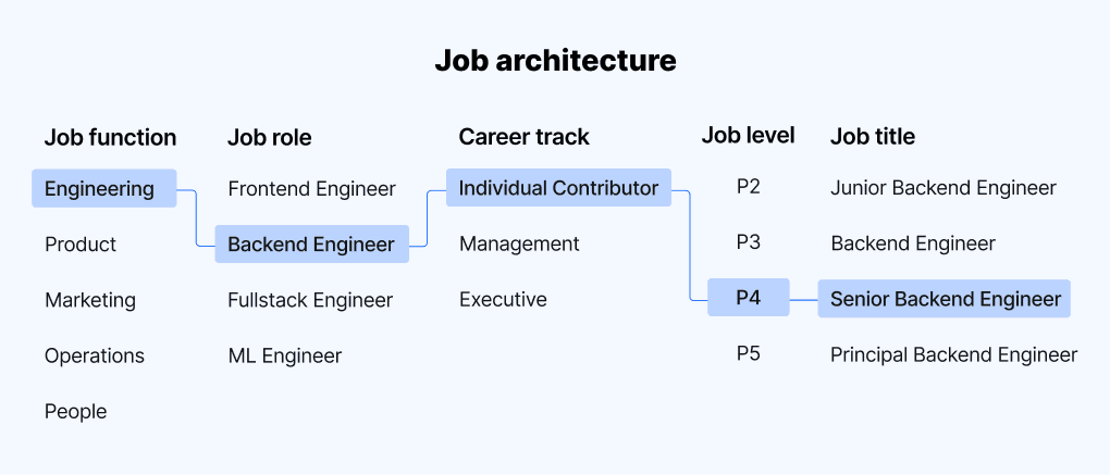 Graphic showing the different elements of job architecture: job function, job role, career track, job level, job title.