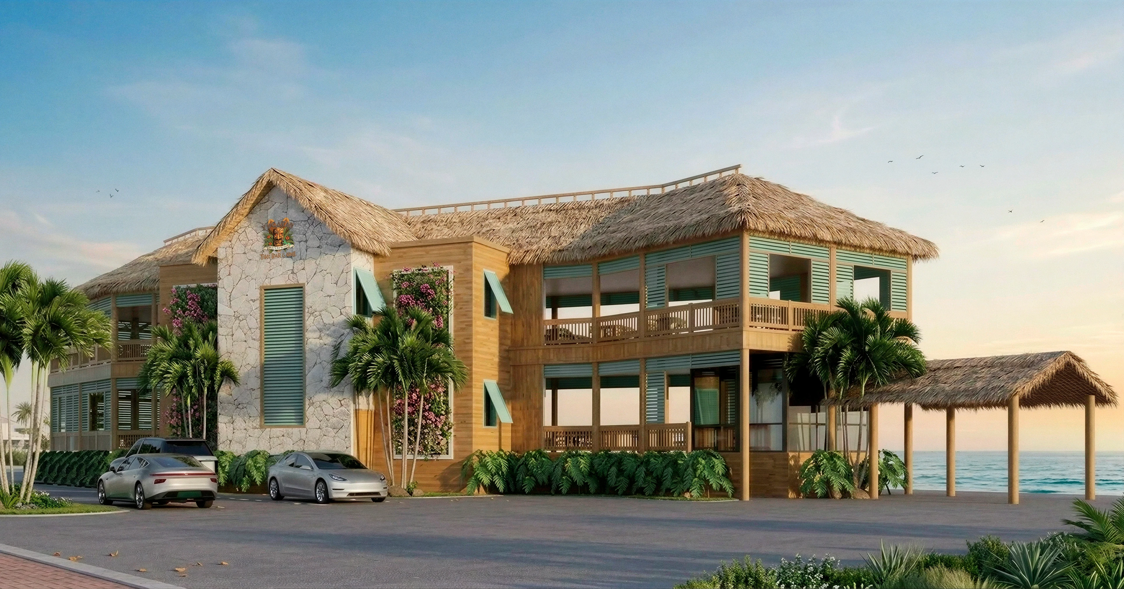 Parking lot view of Yucatan Waterfront Grill and Bar in Fort Myers, with bougainvillea-covered facade, Bahama shutters and thatched pavilion by the water